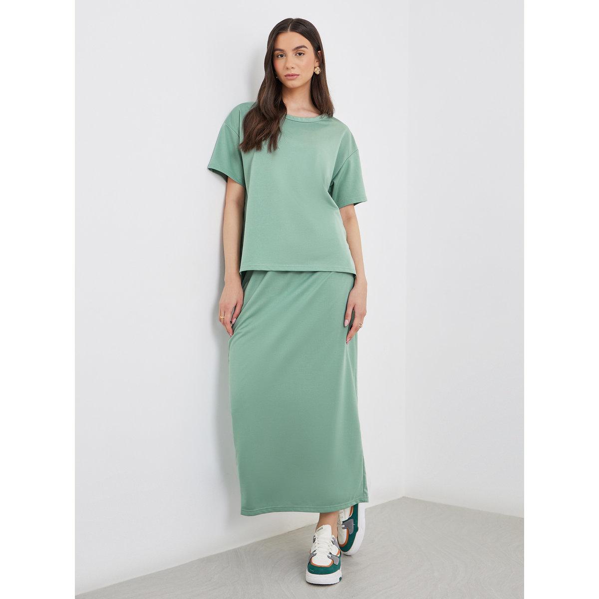 Styli Women Green Solid T-Shirt and Midi Skirt Co-Ords-women-clothing-coordsets-image-1