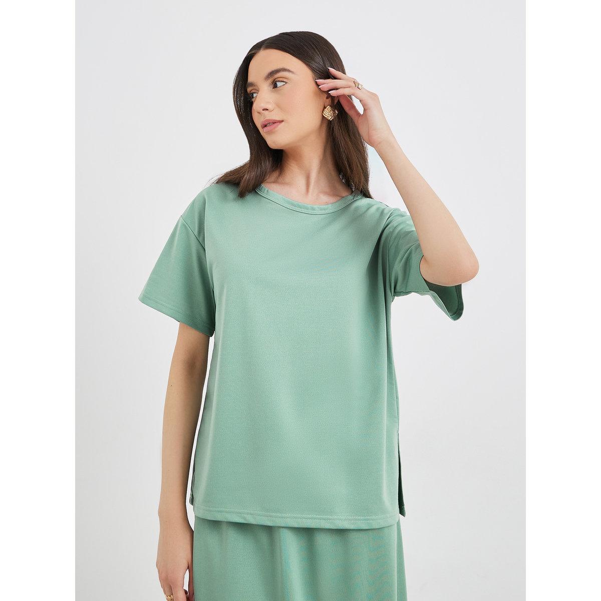 Styli Women Green Solid T-Shirt and Midi Skirt Co-Ords-women-clothing-coordsets-image-2