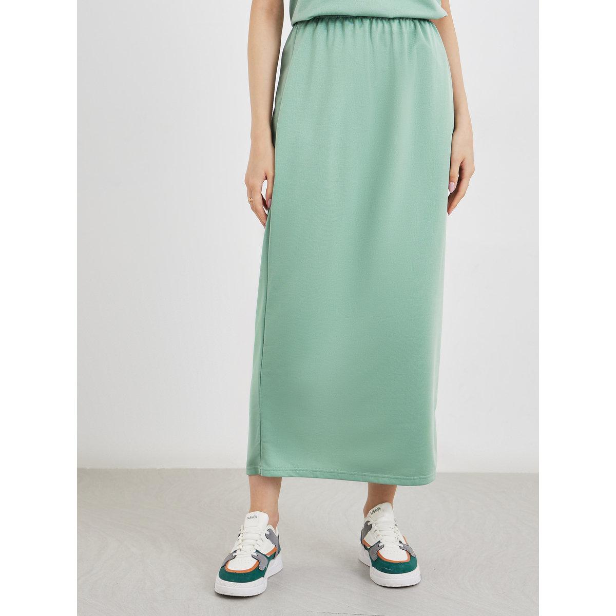 Styli Women Green Solid T-Shirt and Midi Skirt Co-Ords-women-clothing-coordsets-image-4