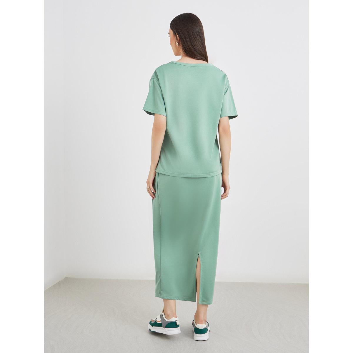 Styli Women Green Solid T-Shirt and Midi Skirt Co-Ords-women-clothing-coordsets-image-5