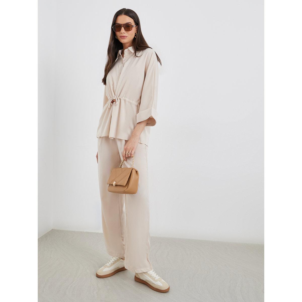Styli Beige Drawcord Waist Shirt and Pants Co-Ords-women-clothing-coordsets-image-1