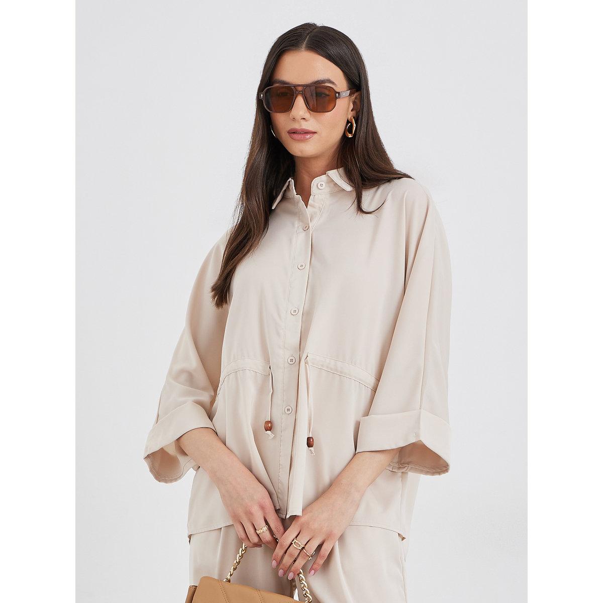Styli Beige Drawcord Waist Shirt and Pants Co-Ords-women-clothing-coordsets-image-2