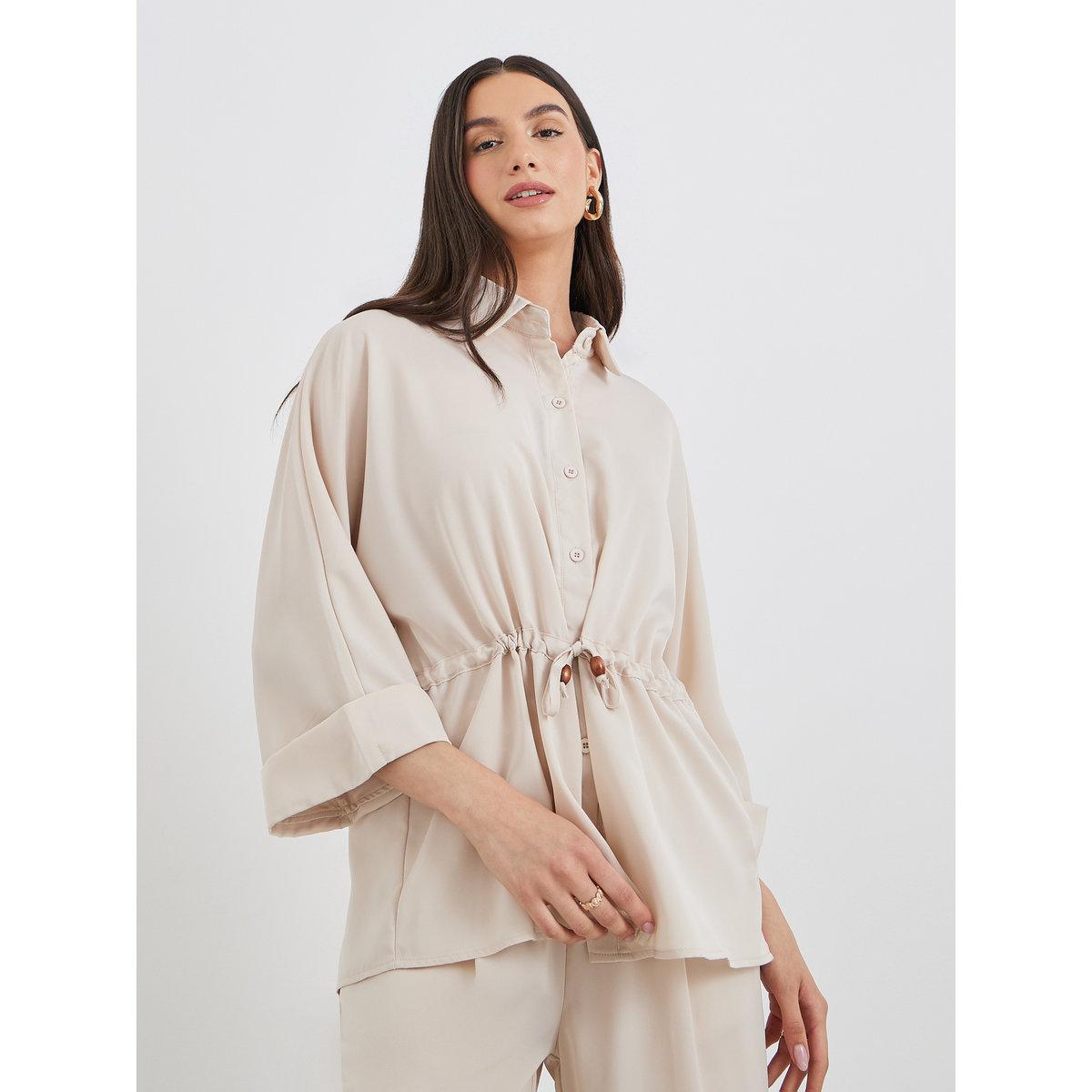 Styli Beige Drawcord Waist Shirt and Pants Co-Ords-women-clothing-coordsets-image-3