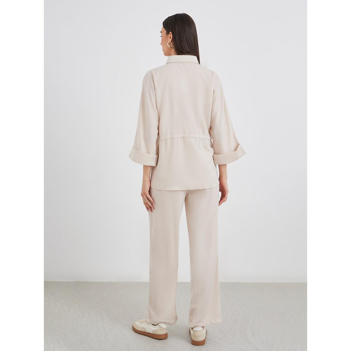 Styli Beige Drawcord Waist Shirt and Pants Co-Ords-women-clothing-coordsets-image-6