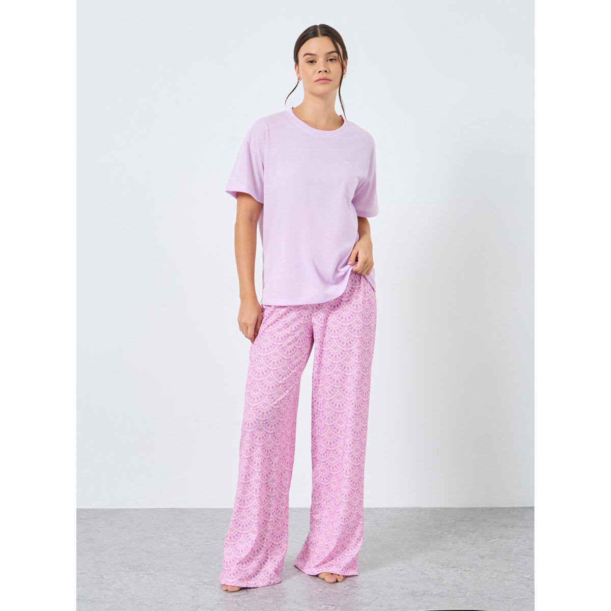 طقم من بنطال بيجاما وتيشيرت سادة بأكتاف منخفضة-women-clothing-nightwear-pyjamas-longsets-image-1