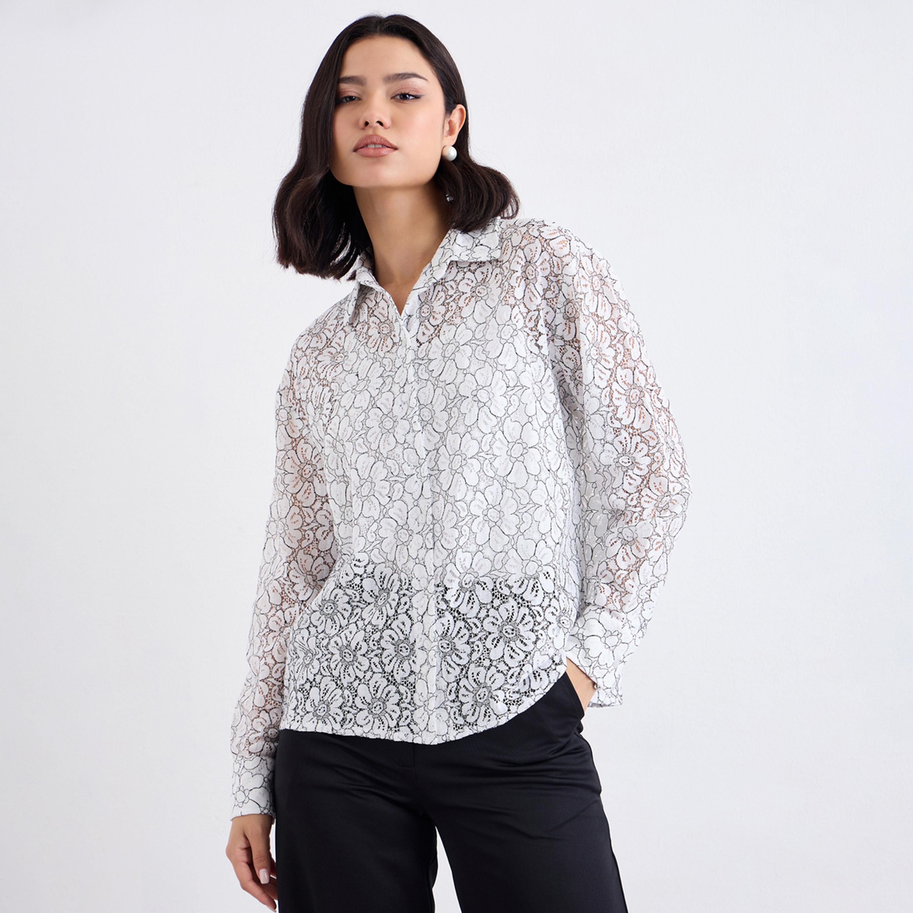 Styli Off White Lace Shirt with Button Placket-women-clothing-shirtsandblouses-shirts-image-1
