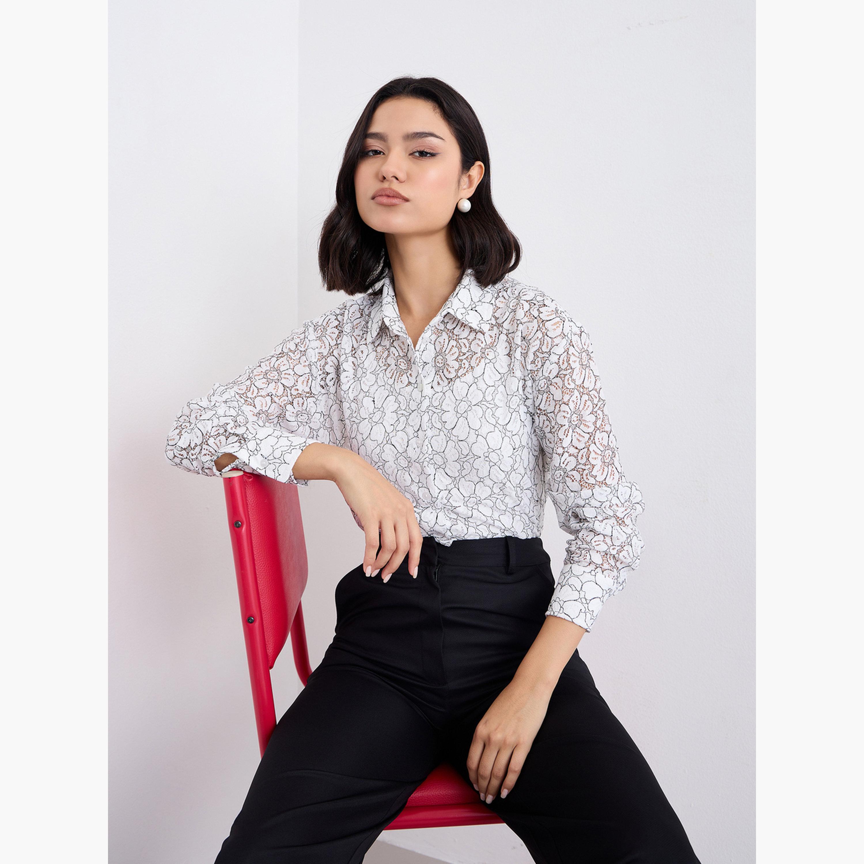 Styli Off White Lace Shirt with Button Placket-women-clothing-shirtsandblouses-shirts-image-3