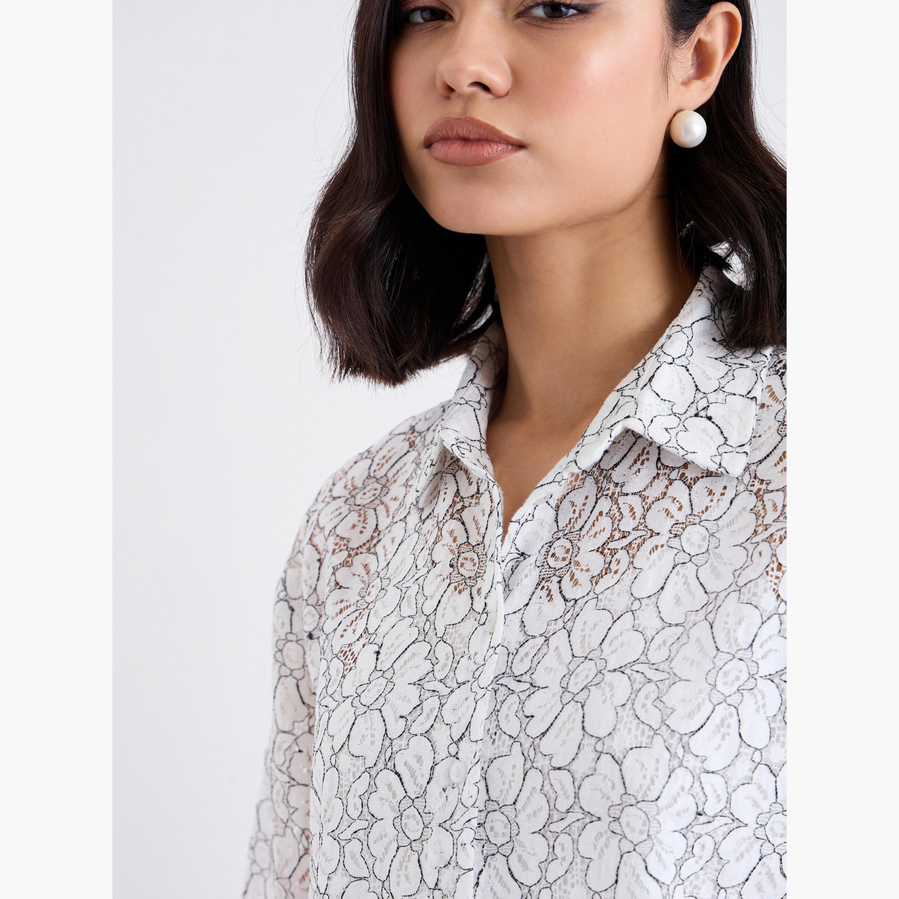 Styli Off White Lace Shirt with Button Placket-women-clothing-shirtsandblouses-shirts-image-4