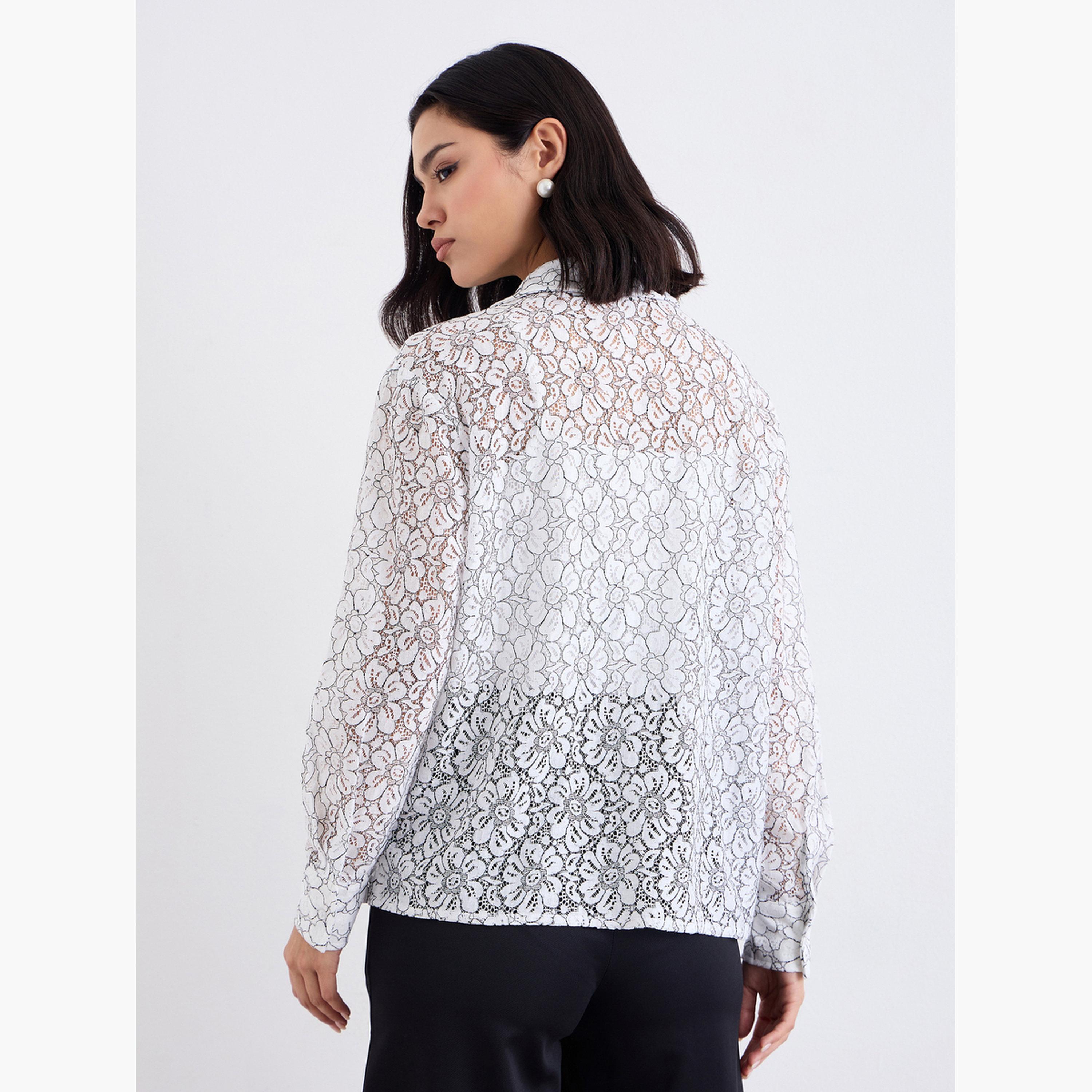 Styli Off White Lace Shirt with Button Placket-women-clothing-shirtsandblouses-shirts-image-5