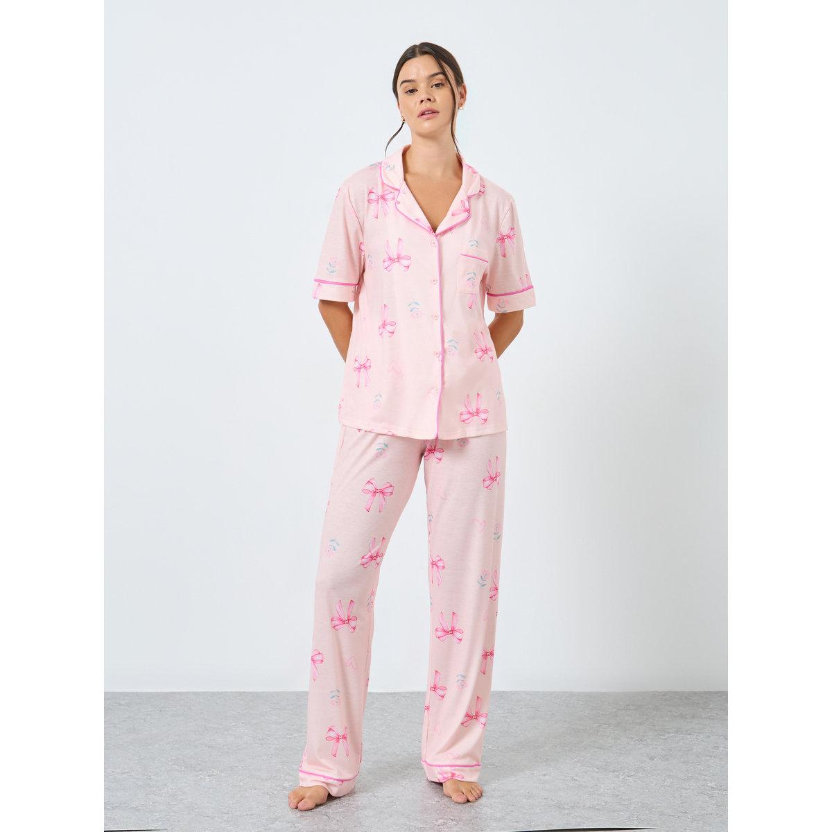 Styli Bow Heart Print Piped Shirt and Pyjama Set-women-clothing-nightwear-pyjamas-longsets-image-2