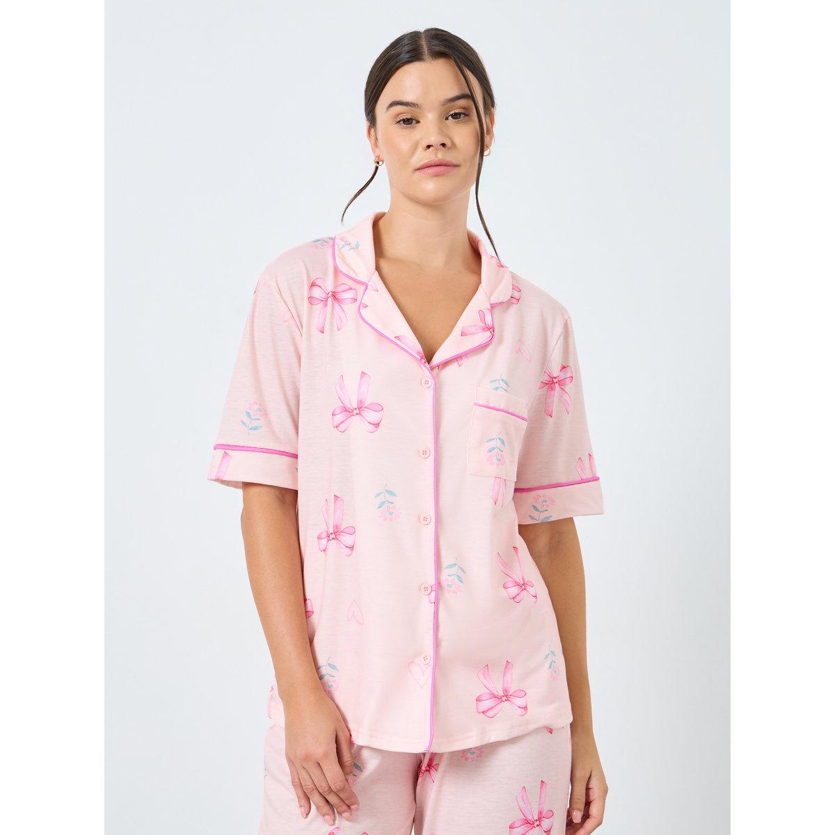 Styli Bow Heart Print Piped Shirt and Pyjama Set-women-clothing-nightwear-pyjamas-longsets-image-3