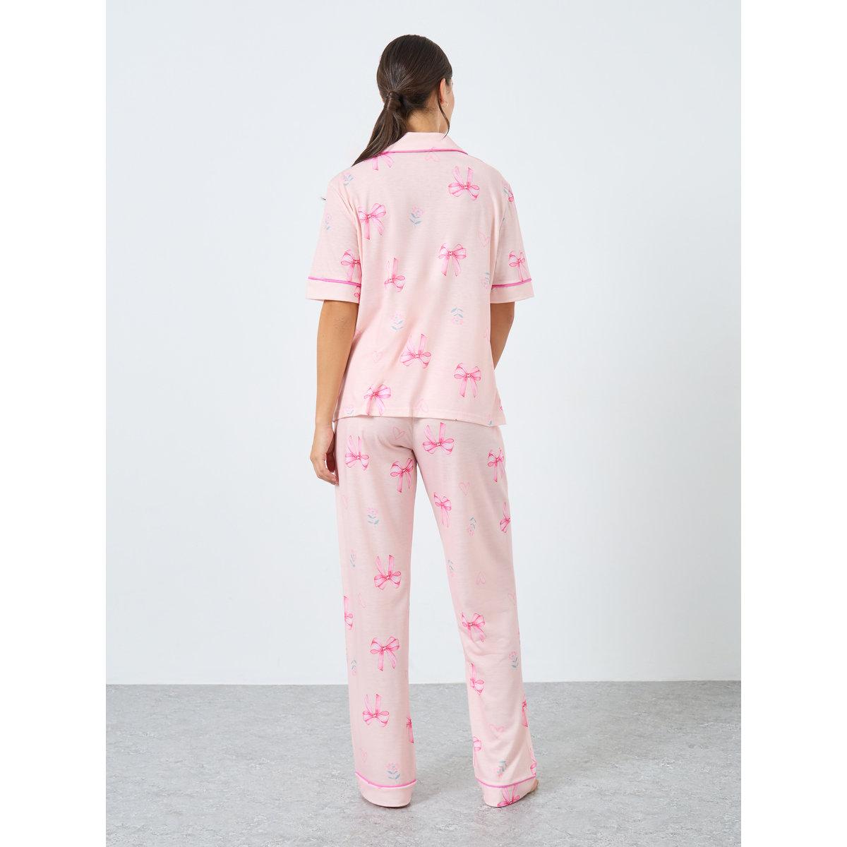 Styli Bow Heart Print Piped Shirt and Pyjama Set-women-clothing-nightwear-pyjamas-longsets-image-5