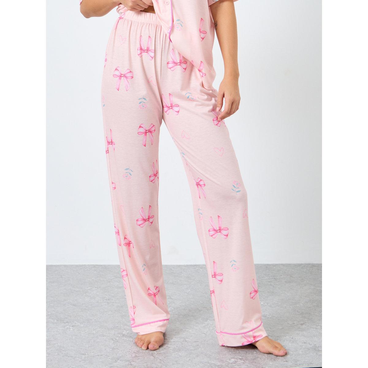 Styli Bow Heart Print Piped Shirt and Pyjama Set-women-clothing-nightwear-pyjamas-longsets-image-6