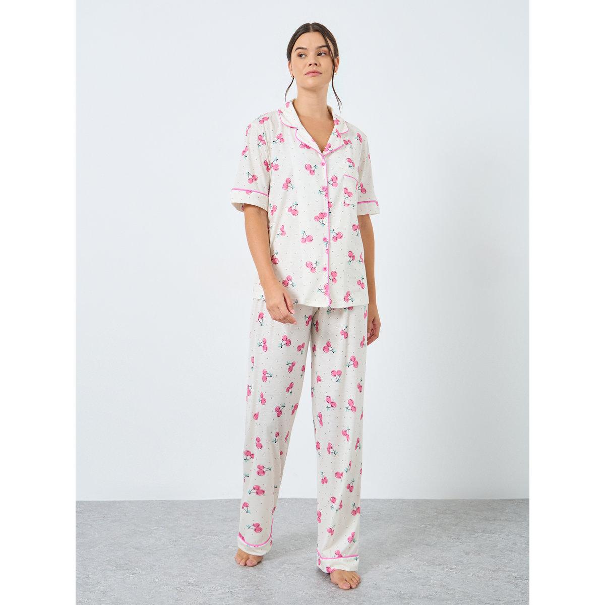 Styli Cherry Spot Print Piped Shirt and Pyjama Set-women-clothing-nightwear-pyjamas-longsets-image-1