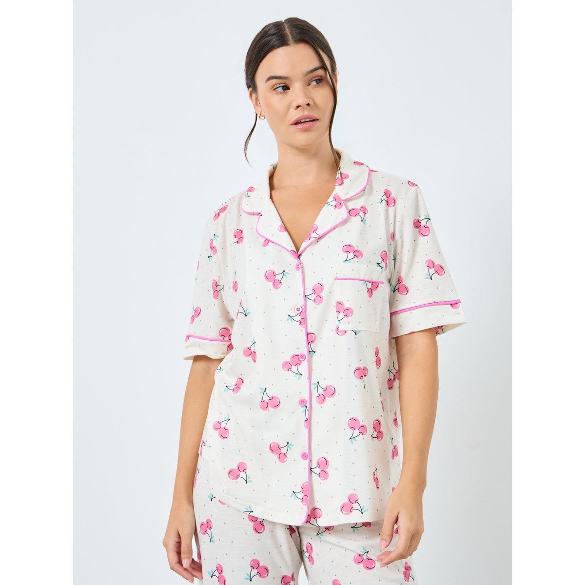 Styli Cherry Spot Print Piped Shirt and Pyjama Set-women-clothing-nightwear-pyjamas-longsets-image-2