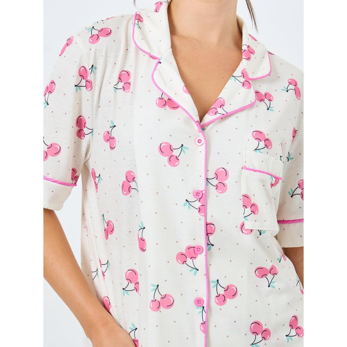 Styli Cherry Spot Print Piped Shirt and Pyjama Set-women-clothing-nightwear-pyjamas-longsets-image-3