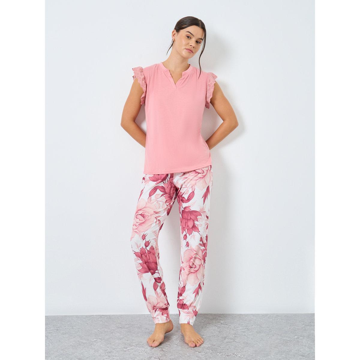 Styli V Neck Lace Shoulder T-Shirt and Rosey Floral Cuffed Pyjama Set-women-clothing-nightwear-pyjamas-longsets-image-1