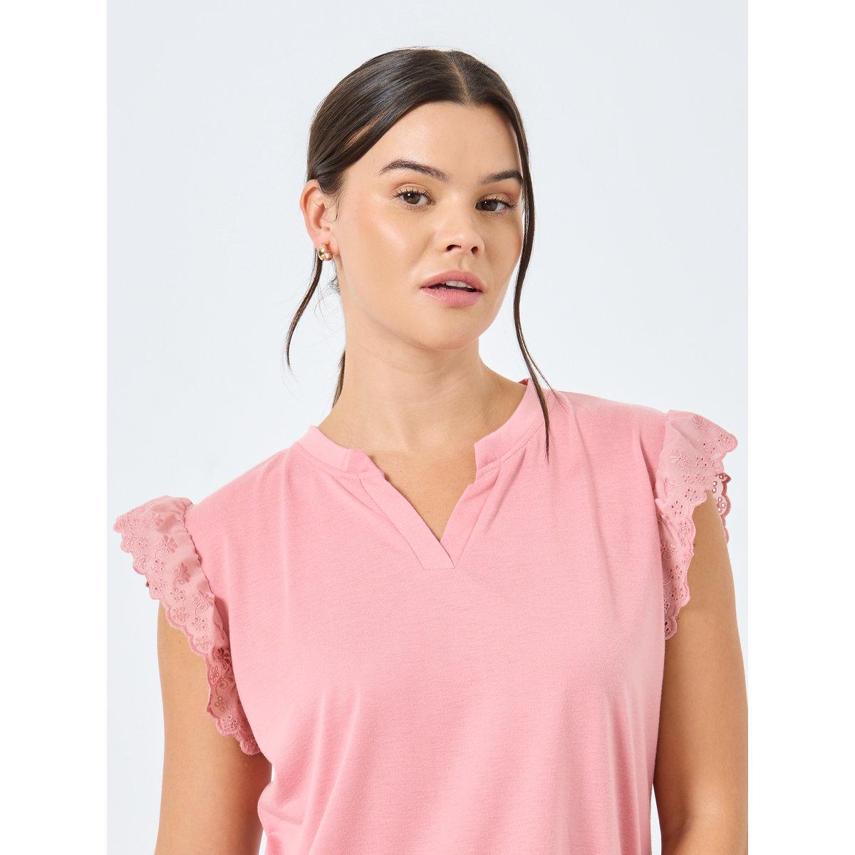 Styli V Neck Lace Shoulder T-Shirt and Rosey Floral Cuffed Pyjama Set-women-clothing-nightwear-pyjamas-longsets-image-3