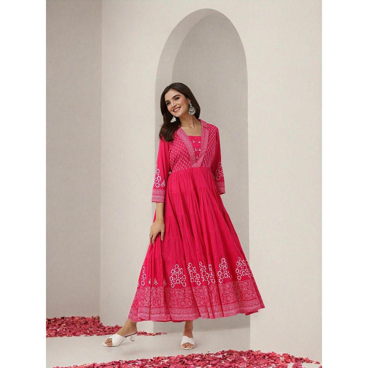 فستان ميدي بحافة واسعة وأكمام 3/4-women-clothing-ethnicwear-dresses-image-1