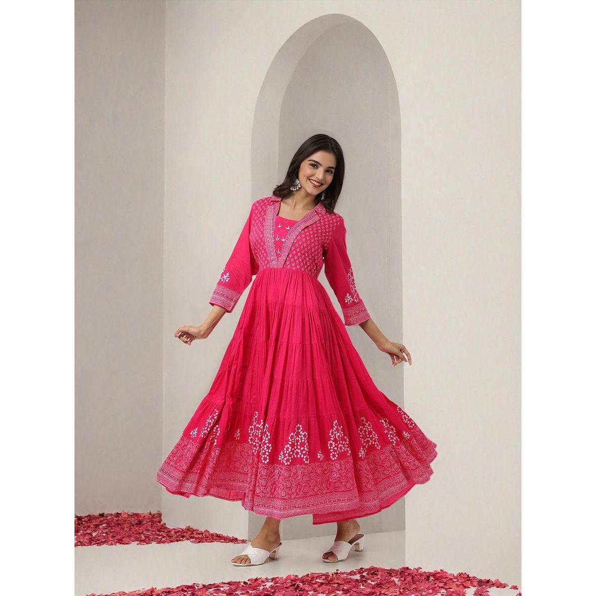 فستان ميدي بحافة واسعة وأكمام 3/4-women-clothing-ethnicwear-dresses-image-2