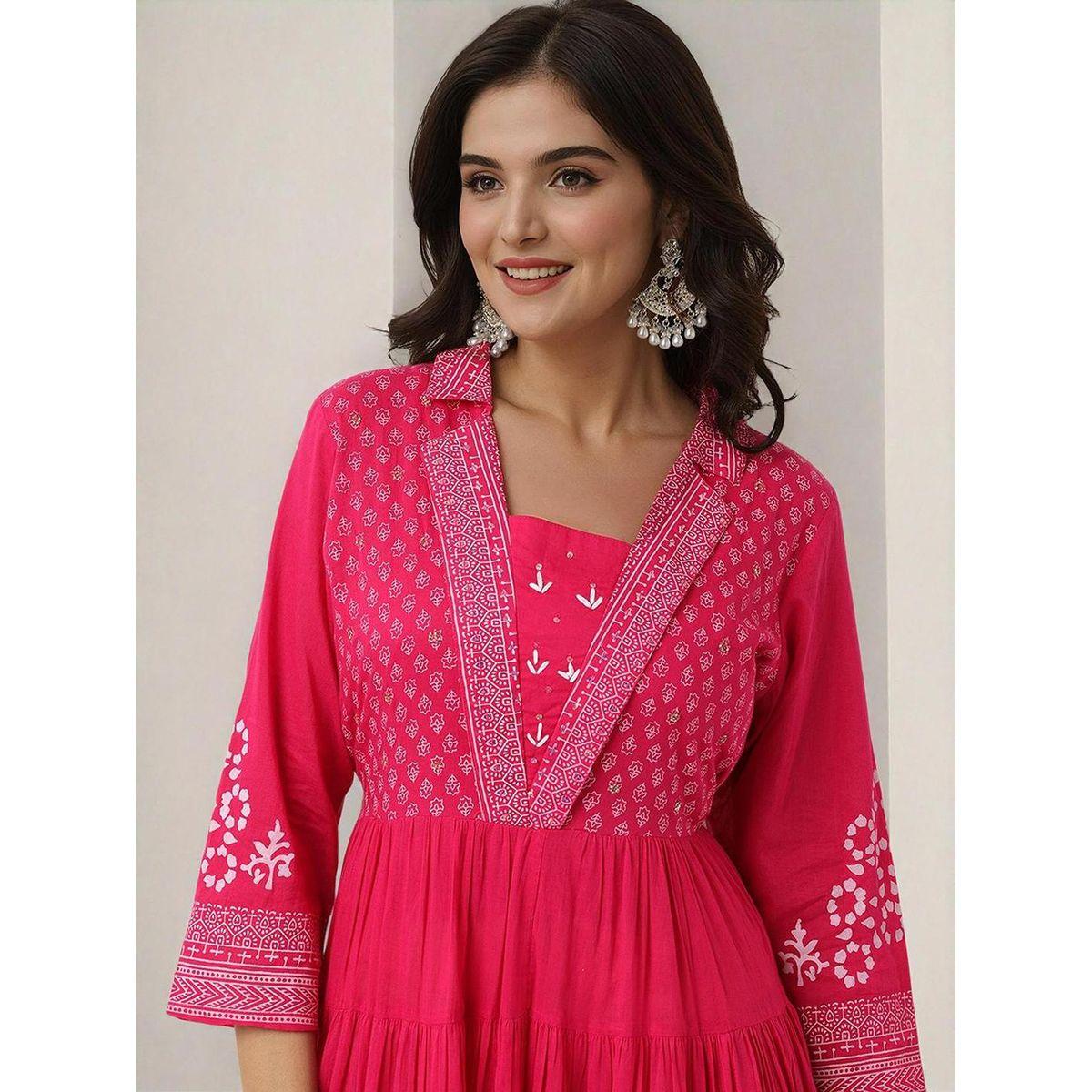 فستان ميدي بحافة واسعة وأكمام 3/4-women-clothing-ethnicwear-dresses-image-3