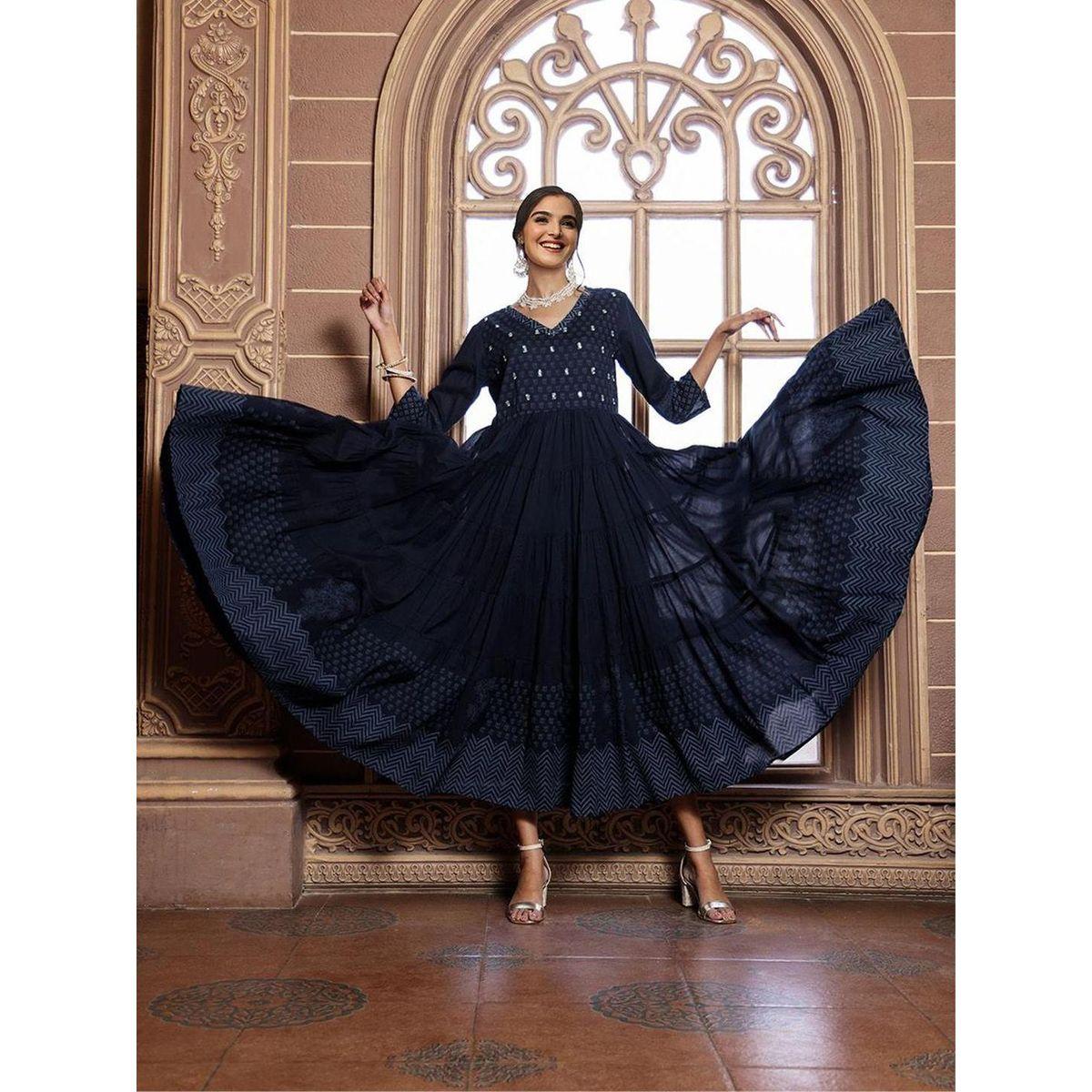 فستان ميدي مطبع بحافة واسعة-women-clothing-ethnicwear-dresses-image-1