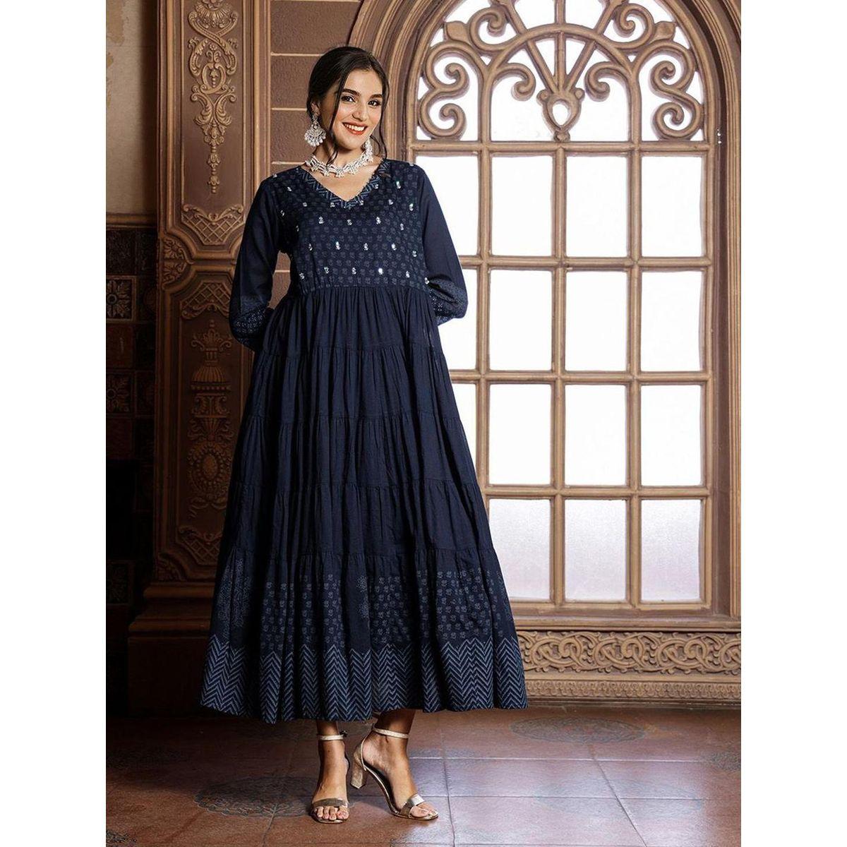 فستان ميدي مطبع بحافة واسعة-women-clothing-ethnicwear-dresses-image-2