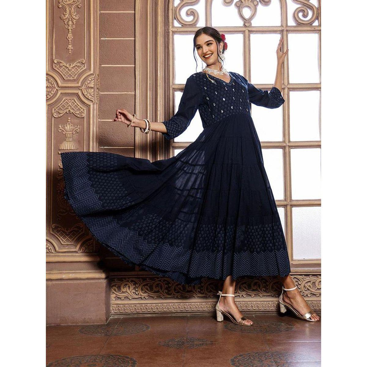 فستان ميدي مطبع بحافة واسعة-women-clothing-ethnicwear-dresses-image-3