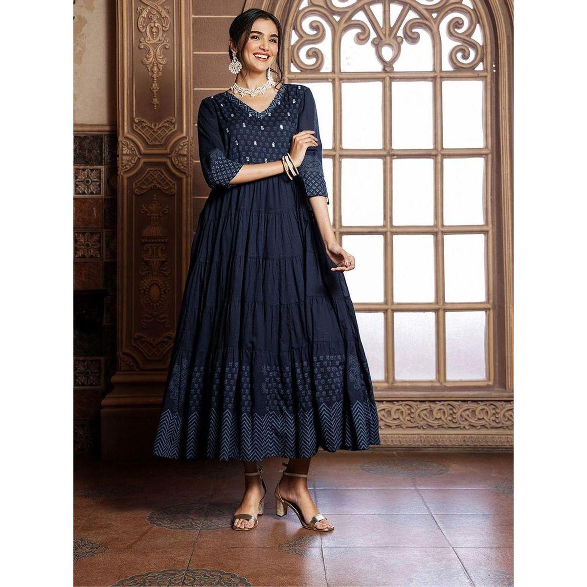 فستان ميدي مطبع بحافة واسعة-women-clothing-ethnicwear-dresses-image-5