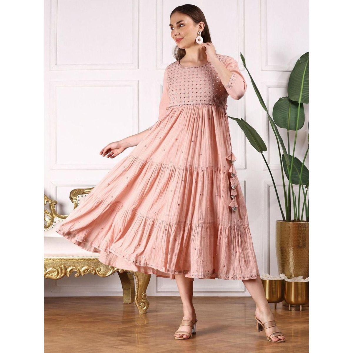 Ishin Women Peach Mirror Embroidered 3/4 Sleeve A-Line Midi Dress-women-clothing-ethnicwear-dresses-image-1