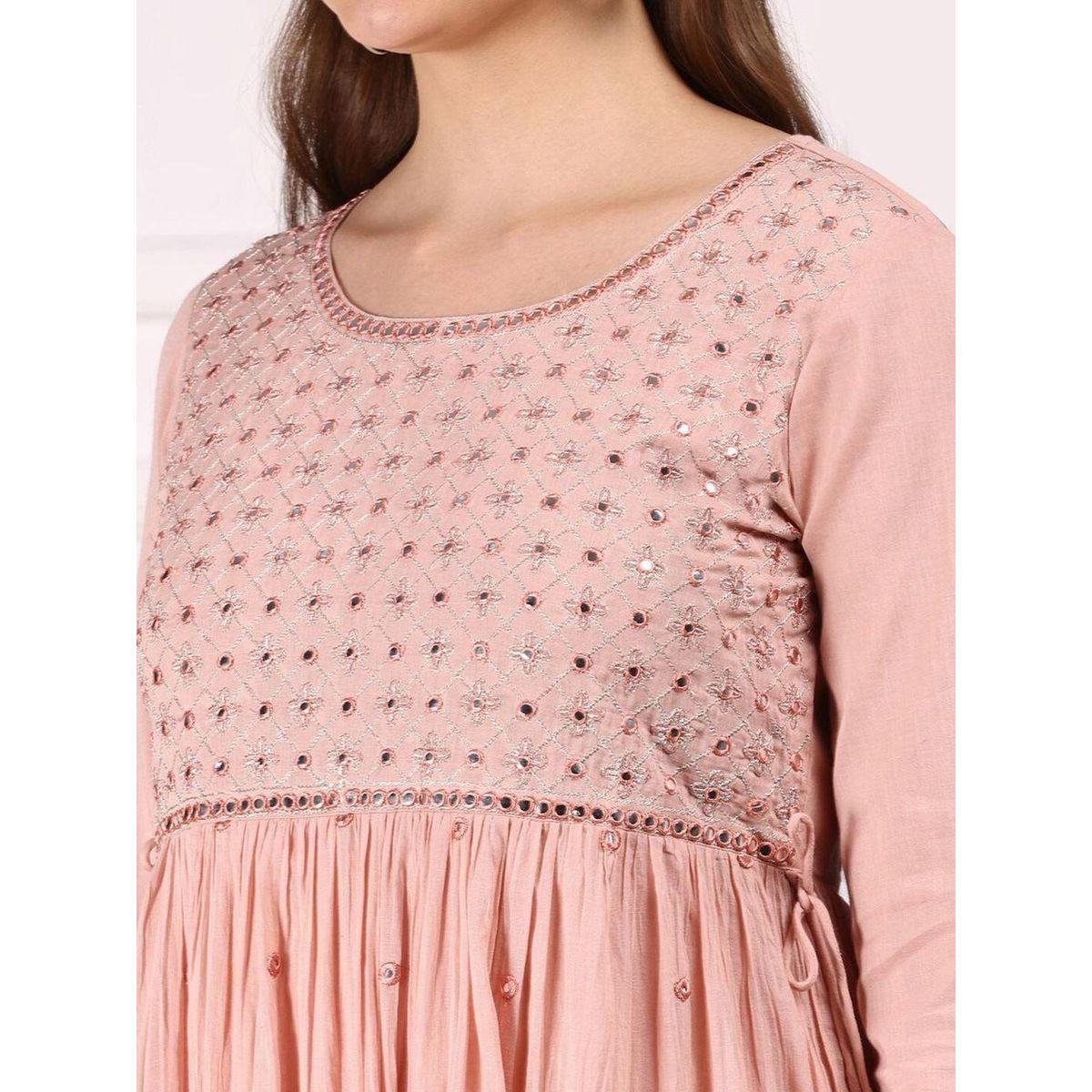 Ishin Women Peach Mirror Embroidered 3/4 Sleeve A-Line Midi Dress-women-clothing-ethnicwear-dresses-image-2