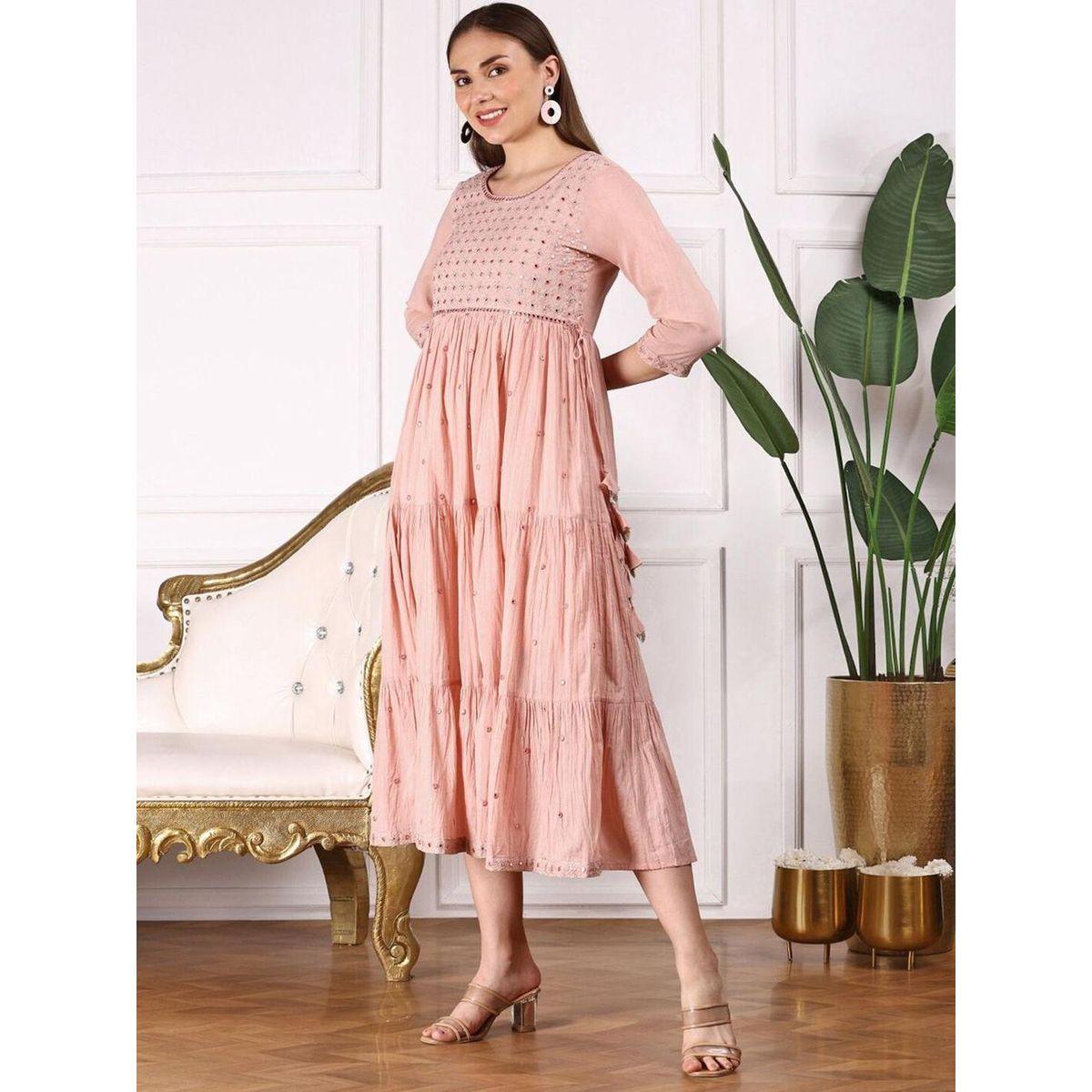Ishin Women Peach Mirror Embroidered 3/4 Sleeve A-Line Midi Dress-women-clothing-ethnicwear-dresses-image-3