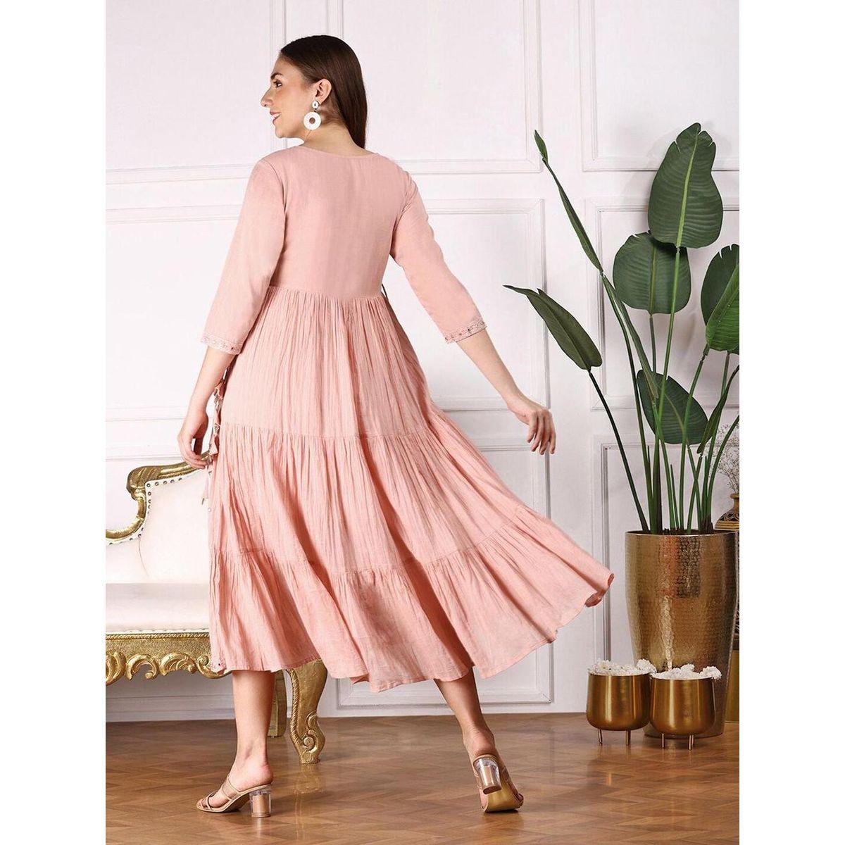 Ishin Women Peach Mirror Embroidered 3/4 Sleeve A-Line Midi Dress-women-clothing-ethnicwear-dresses-image-4