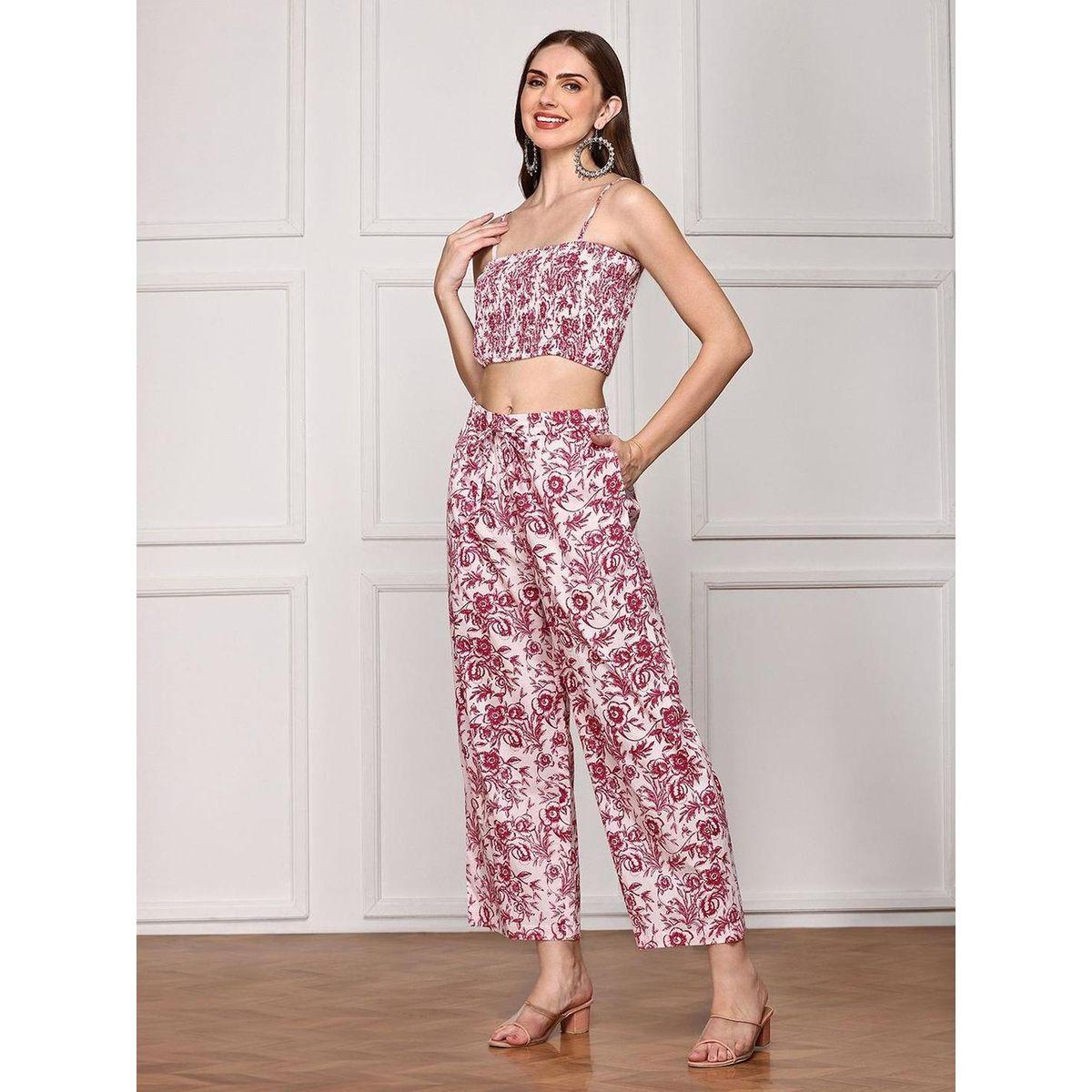 Ishin Floral Print Smocked Crop Top with Pants and Tunic Co-Ords-women-clothing-coordsets-image-4