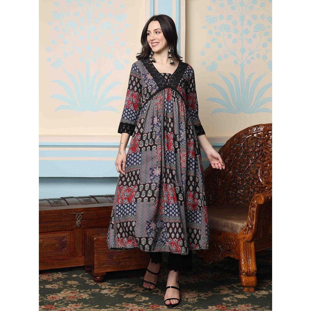 Ishin Printed A-Line Kurta with Trousers Set-women-clothing-ethnicwear-kurtasets-image-2