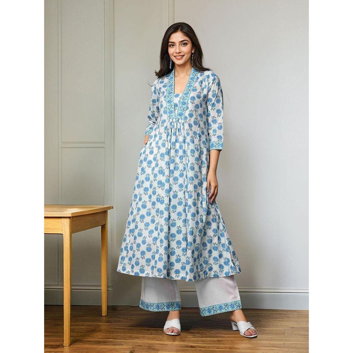Ishin Printed V-Neck A-Line Kurta with Trousers Set-women-clothing-ethnicwear-kurtasets-image-1