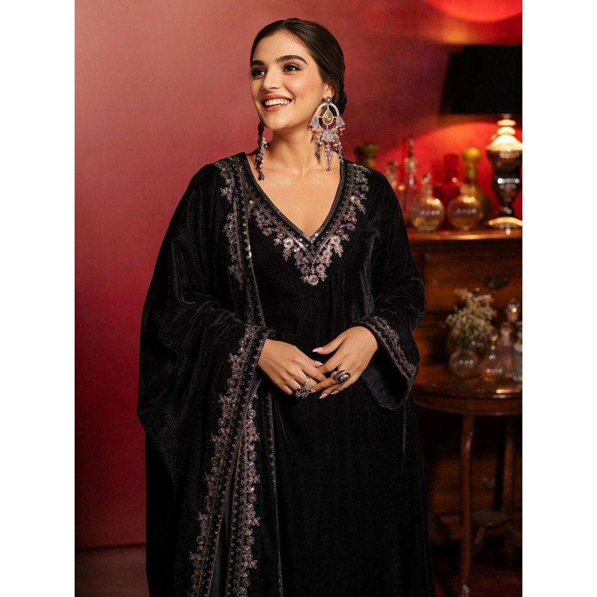 Ishin Embroidered Velvet Kurta and Trousers with Dupatta Set-women-clothing-ethnicwear-kurtasets-image-1