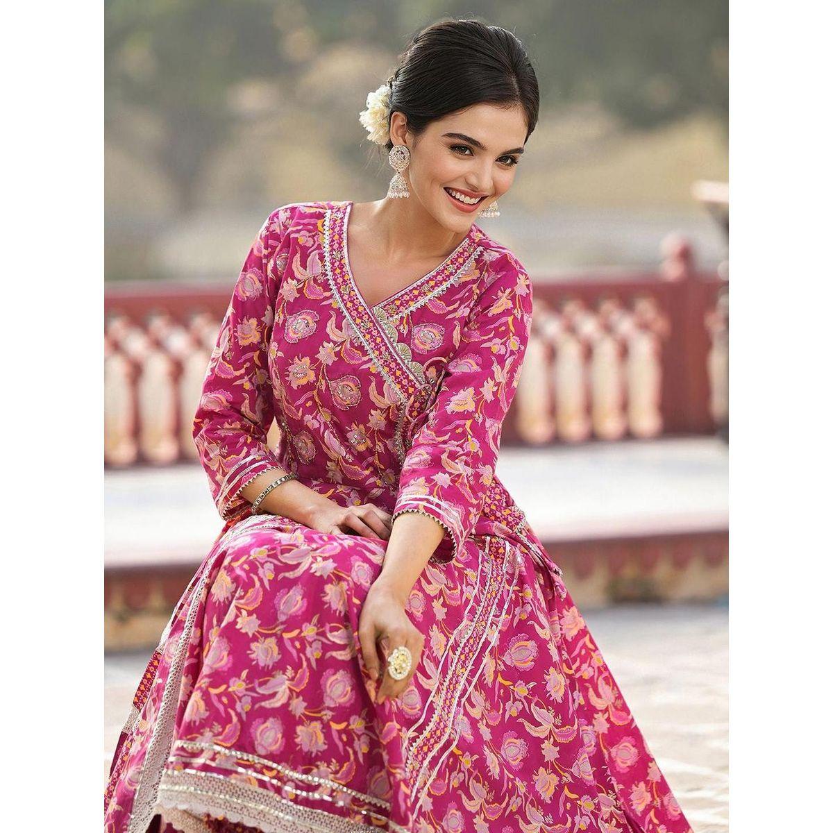 مجموعة من دوباتا وبنطال مع كورتا بطبعة زهور-women-clothing-ethnicwear-kurtasets-image-3