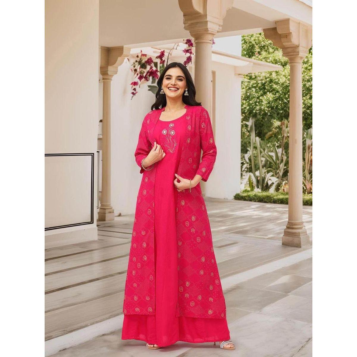 مجموعة من جاكيت وبنطال مع كورتا بطبعة زهور-women-clothing-ethnicwear-kurtasets-image-1