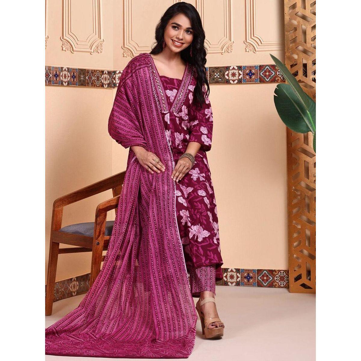 مجموعة من جاكيت وبنطال مع كورتا بطبعة زهور-women-clothing-ethnicwear-kurtasets-image-1