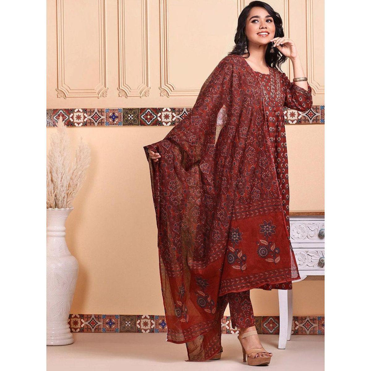 مجموعة من جاكيت وبنطال مع كورتا بطبعة زهور-women-clothing-ethnicwear-kurtasets-image-4