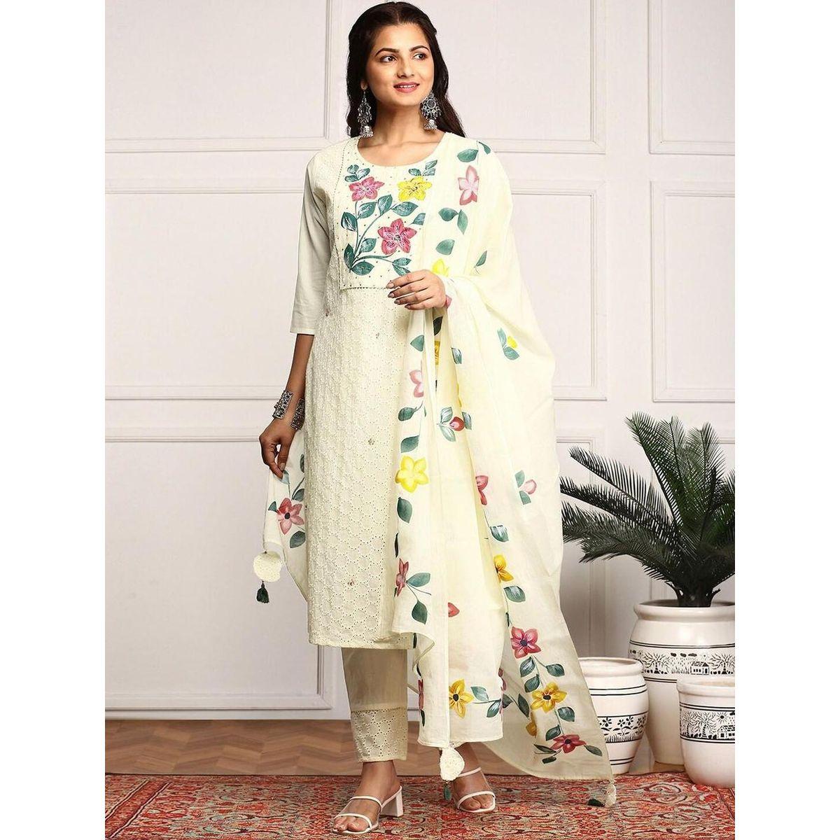 مجموعة من دوباتا وبنطال مع كورتا بطبعة زهور-women-clothing-ethnicwear-kurtasets-image-1