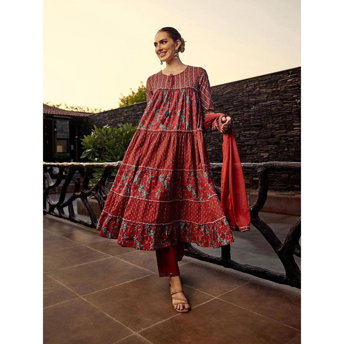 مجموعة من دوباتا وبنطال مع كورتا بطبعة زهور-women-clothing-ethnicwear-kurtasets-image-1