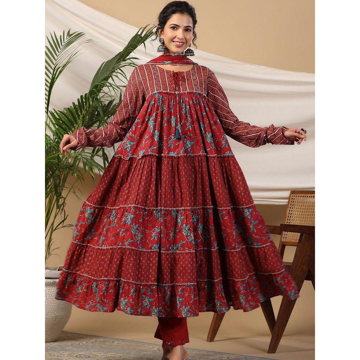 مجموعة من دوباتا وبنطال مع كورتا بطبعة زهور-women-clothing-ethnicwear-kurtasets-image-3