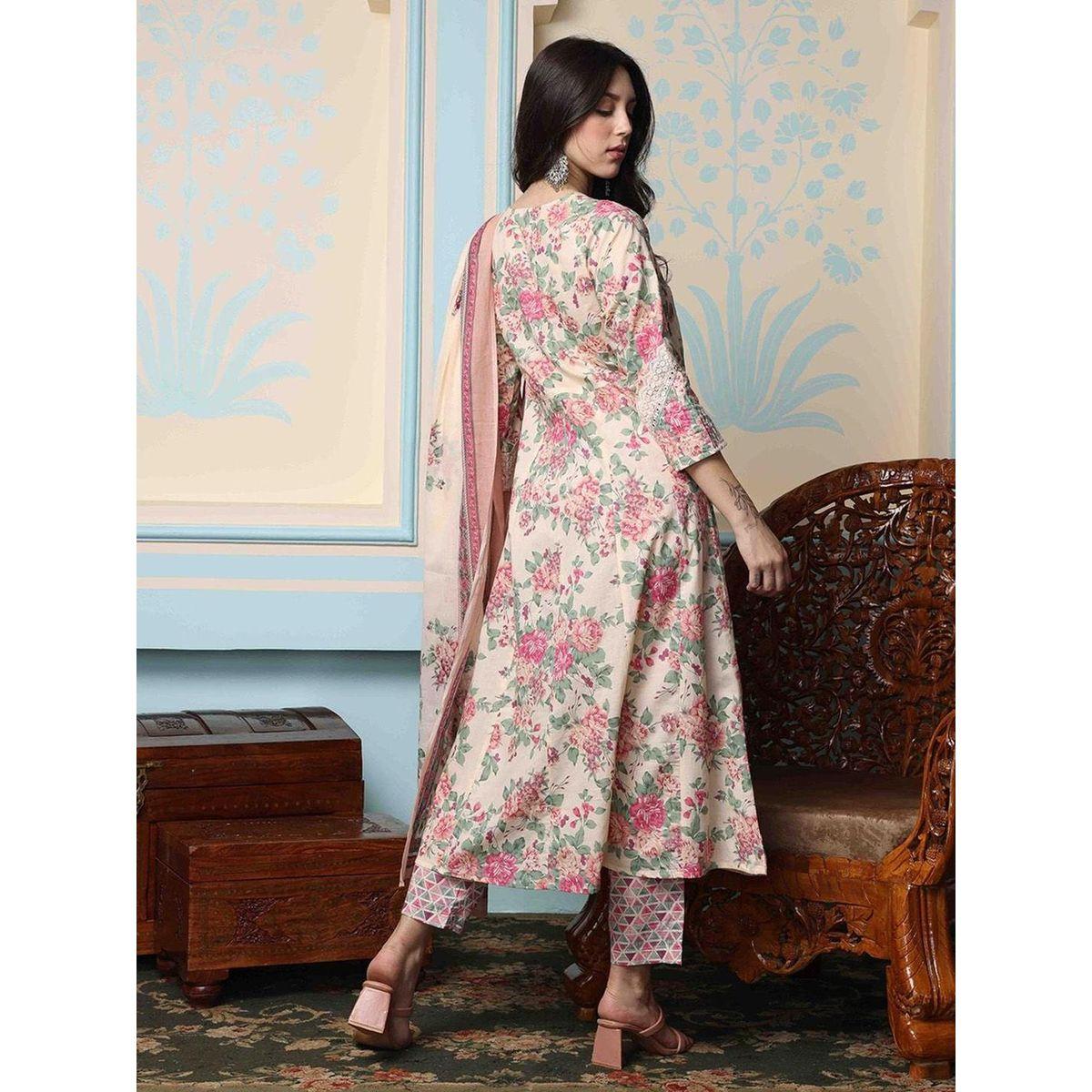 Ishin Floral Print Cotton Kurta and Pants with Dupatta Set-women-clothing-ethnicwear-kurtasets-image-4