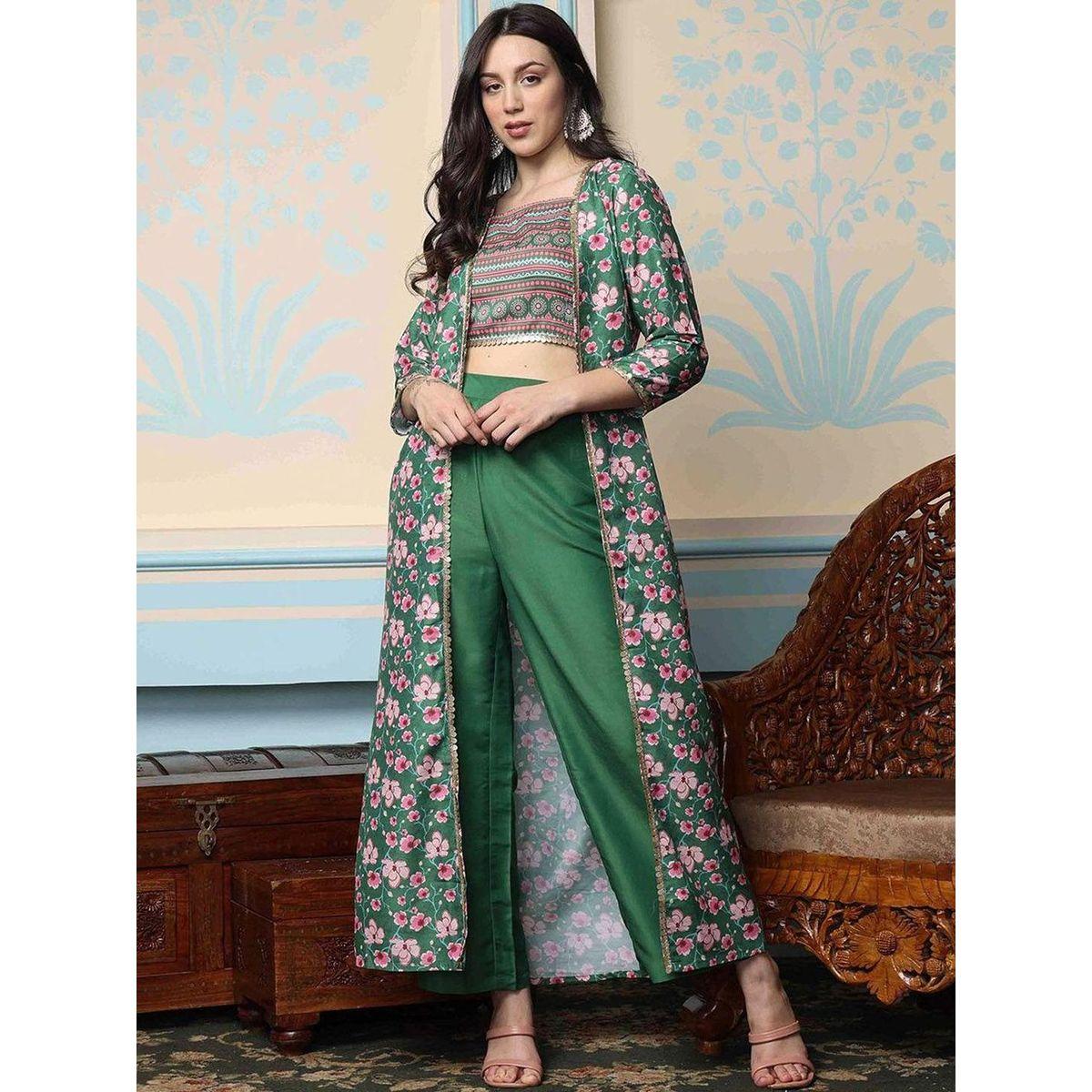 Ishin Printed Crop Top and Jacket with Trousers Set-women-clothing-ethnicwear-kurtasets-image-1