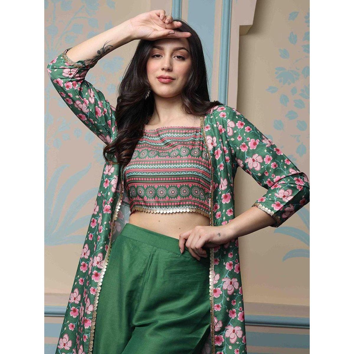 Ishin Printed Crop Top and Jacket with Trousers Set-women-clothing-ethnicwear-kurtasets-image-2