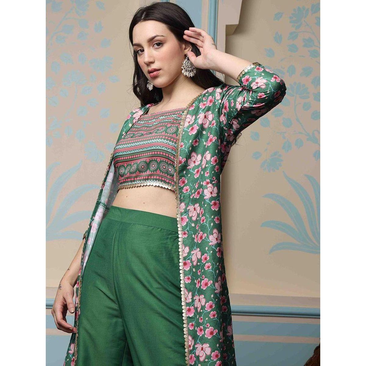 Ishin Printed Crop Top and Jacket with Trousers Set-women-clothing-ethnicwear-kurtasets-image-4
