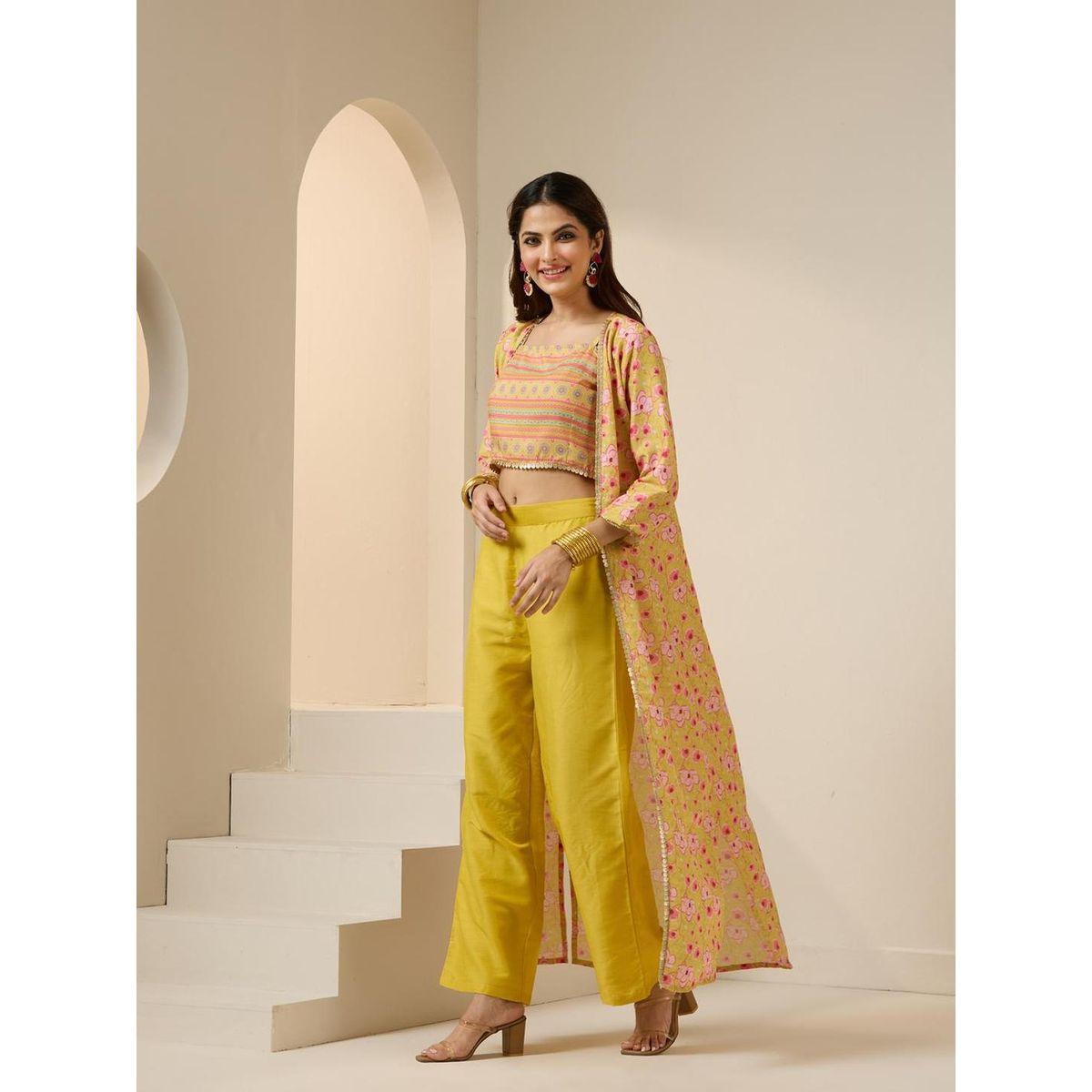 Ishin Printed Crop Top and Jacket with Trousers Set-women-clothing-ethnicwear-kurtasets-image-1