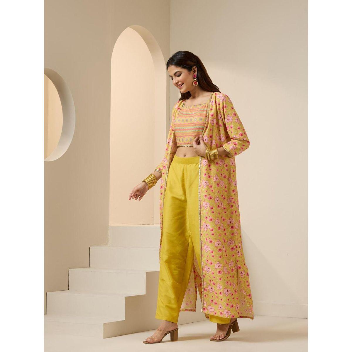 Ishin Printed Crop Top and Jacket with Trousers Set-women-clothing-ethnicwear-kurtasets-image-3